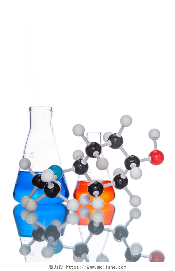 白色背景上玻璃瓶和分子结构分子的结构和多彩的液体